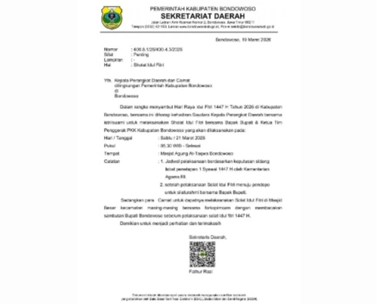 Surat Edaran Sekda Bondowoso