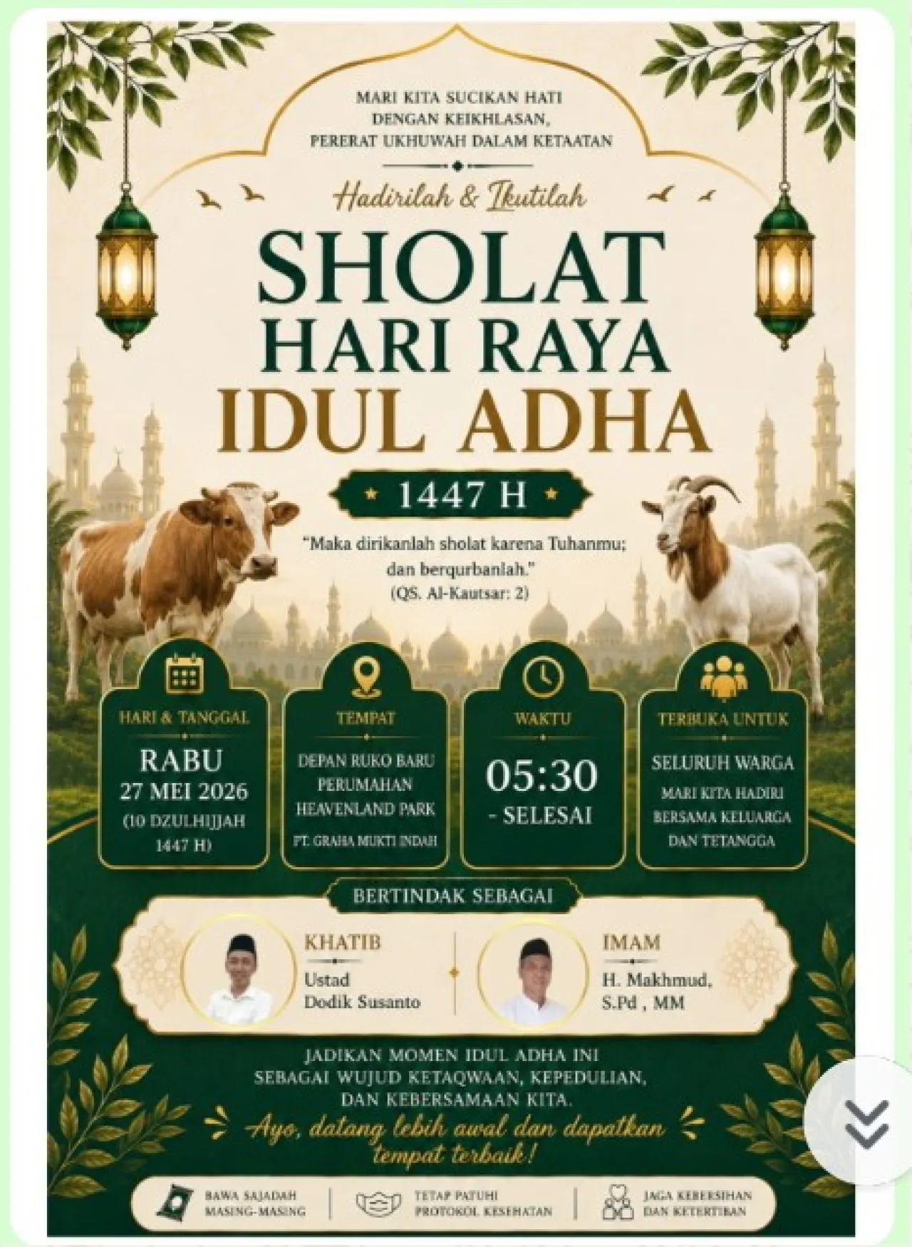 Ket Foto : Dirikanlah Sholat dan Berqurban: Rangkaian Idul Adha 1447 H Akan Digelar di Kawasan Perumahan Heaven Land Park