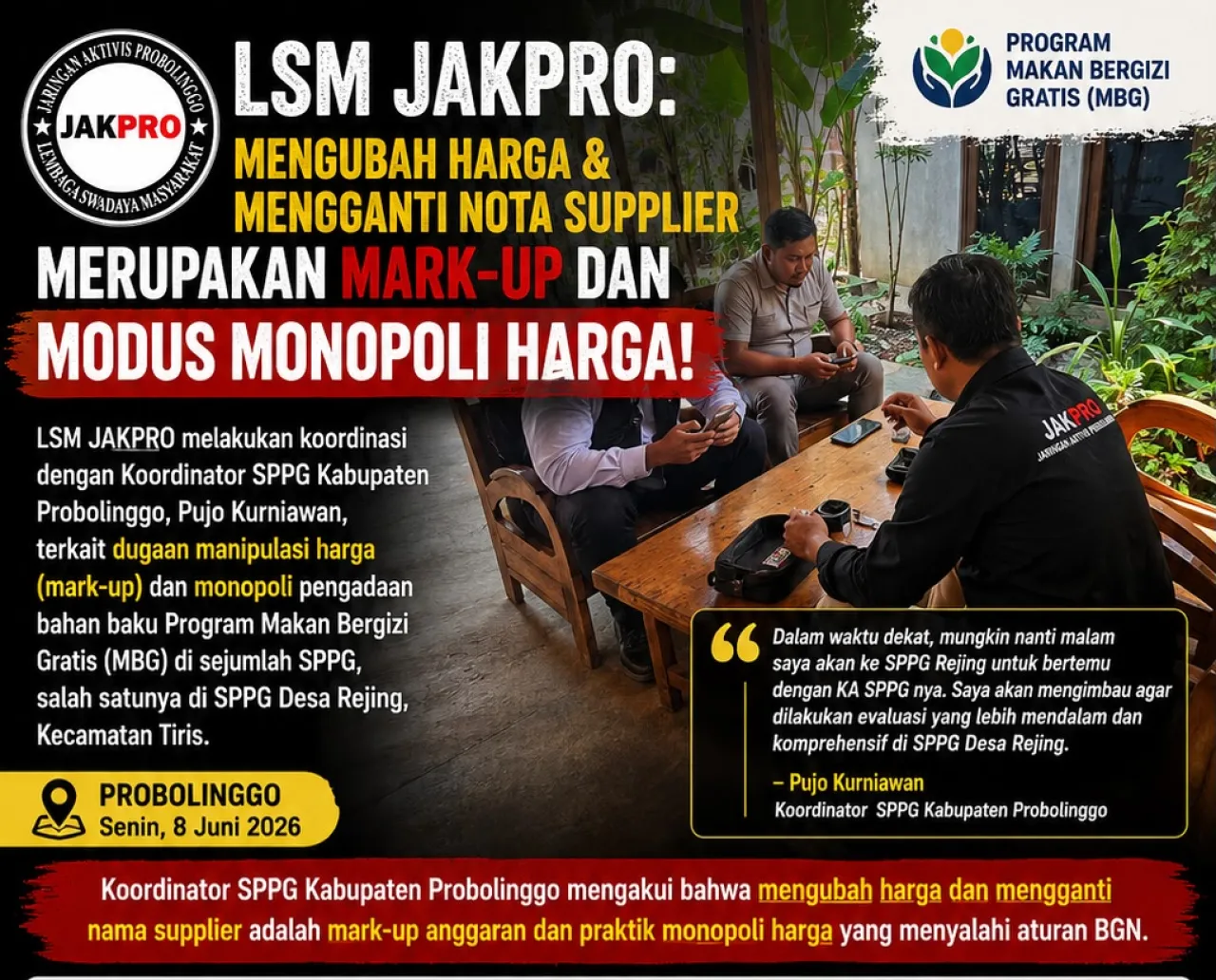 Ket Foto : LSM JAKPRO: Mengubah Harga dan Mengganti Nota Supplier Merupakan Mark-Up dan Modus Monopoli Harga