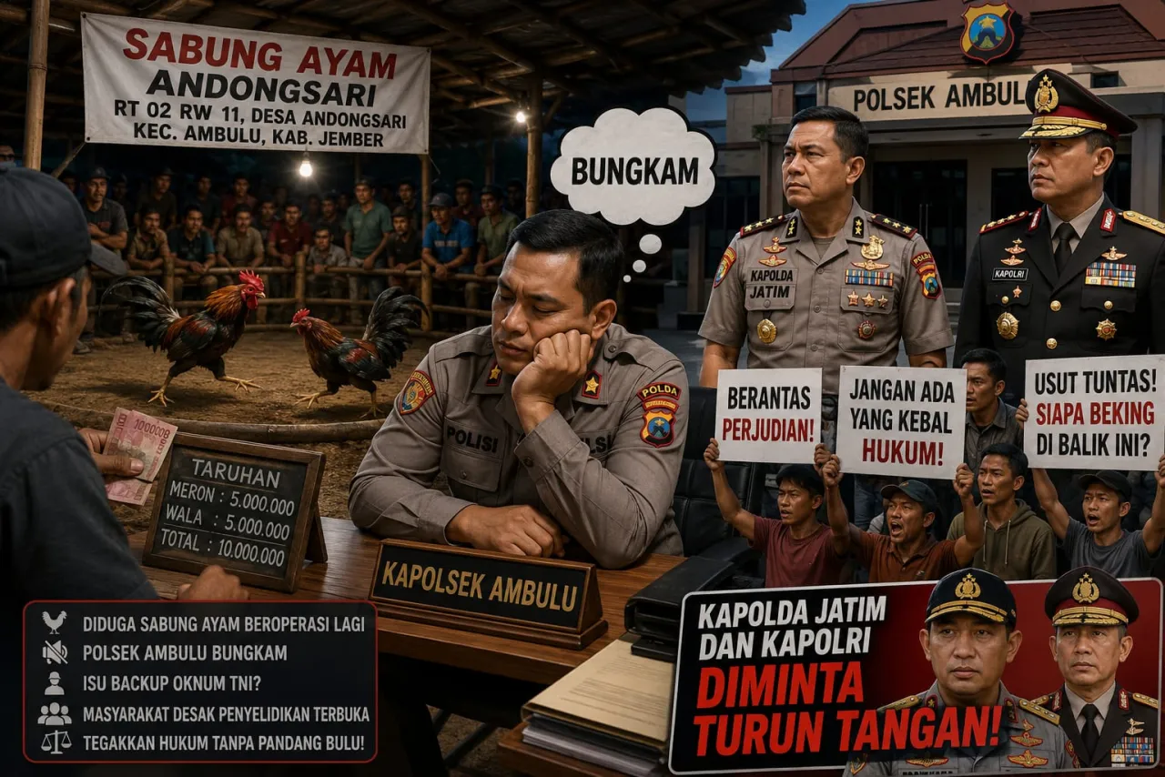 Ket Foto : Sabung Ayam Andongsari Diduga Beroperasi Lagi, Kapolsek Ambulu Bungkam; Kapolda Jatim dan Kapolri Diminta Turun Tangan